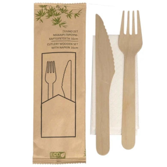 Ξύλινο Σετ Μαχαίρι - Πιρούνι - Χαρτοπετσέτα 16cm